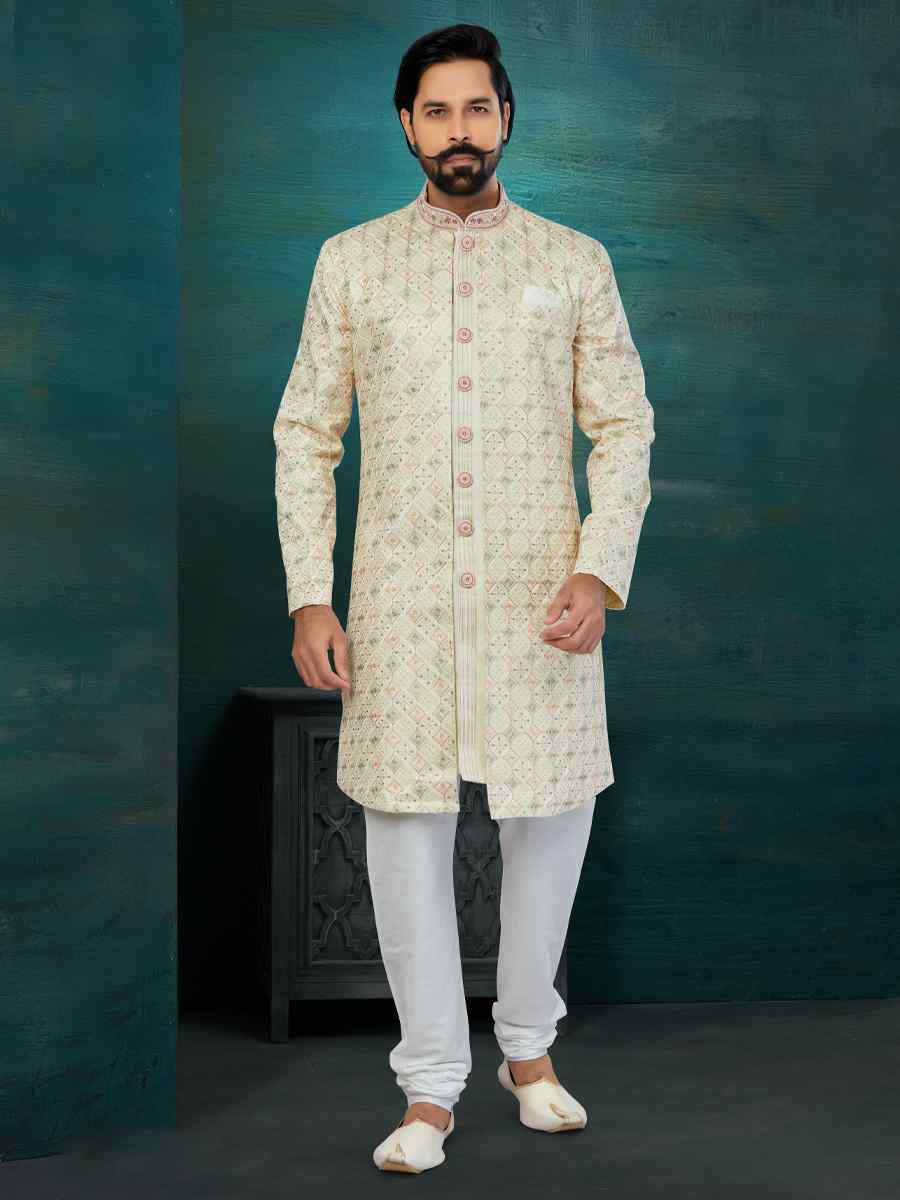 Cream Chikankari Lucknawi Embroidered Wedding Groom Sherwani