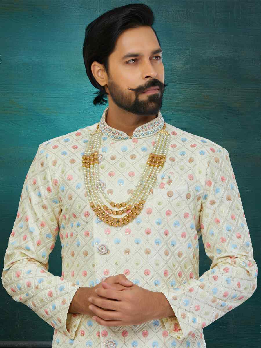 Cream Chikankari Lucknawi Embroidered Wedding Groom Sherwani