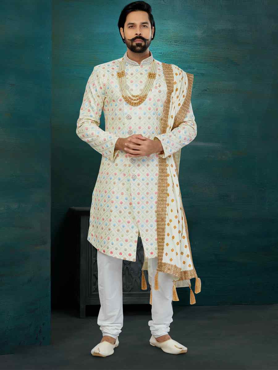 Cream Chikankari Lucknawi Embroidered Wedding Groom Sherwani