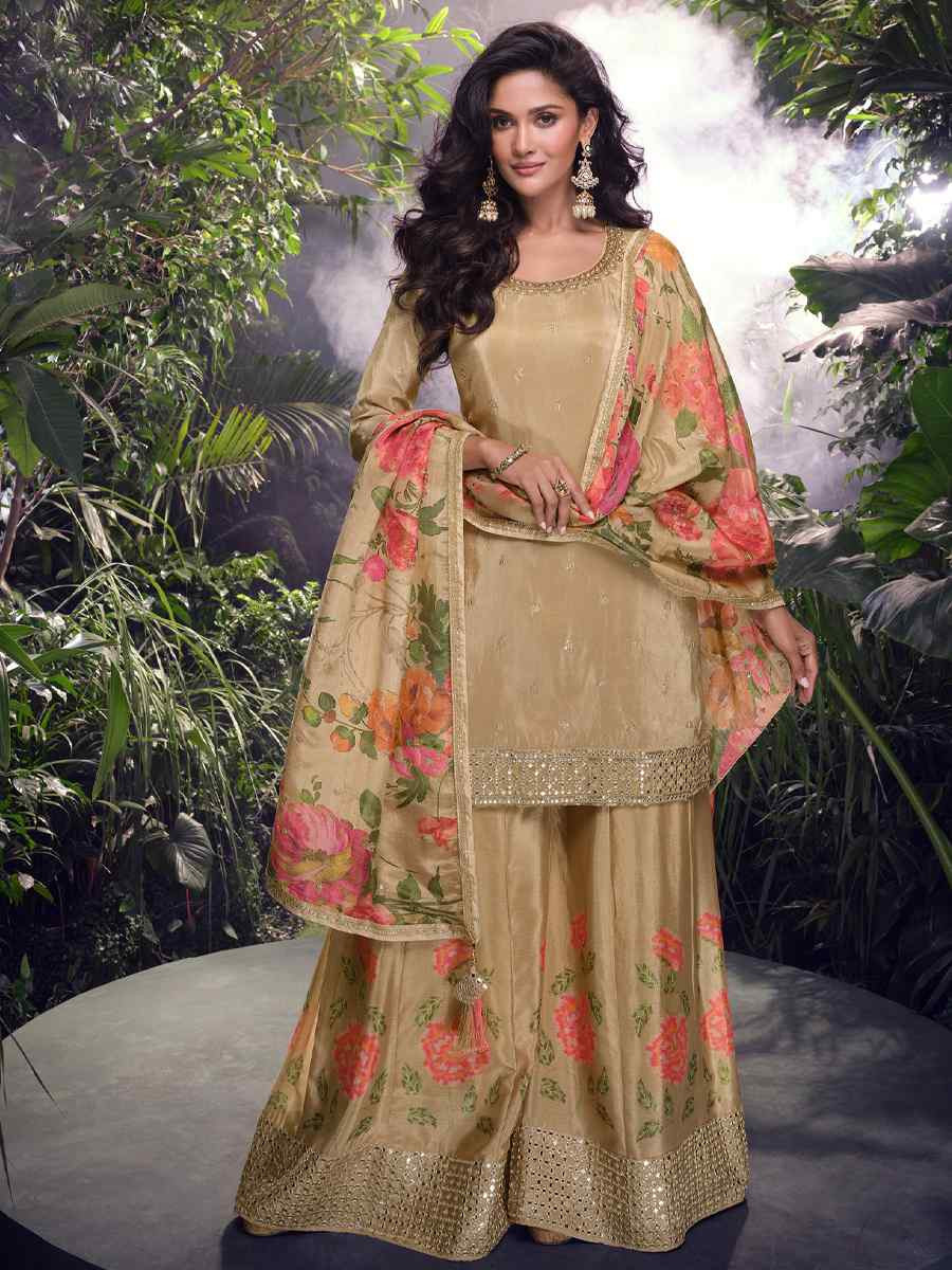 Cream Chinon Embroidered Festival Casual Ready Palazzo Pant Salwar Kameez