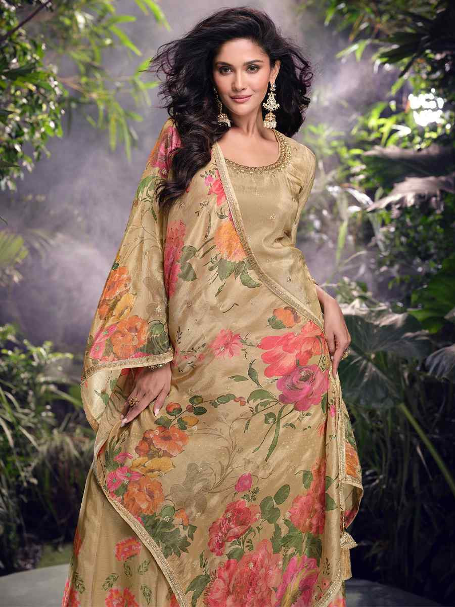 Cream Chinon Embroidered Festival Casual Ready Palazzo Pant Salwar Kameez