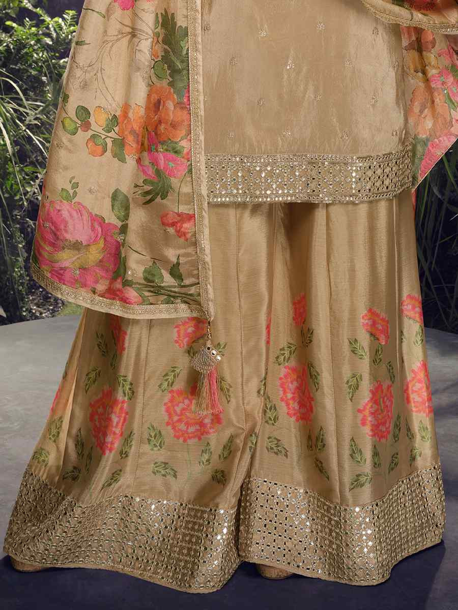 Cream Chinon Embroidered Festival Casual Ready Palazzo Pant Salwar Kameez