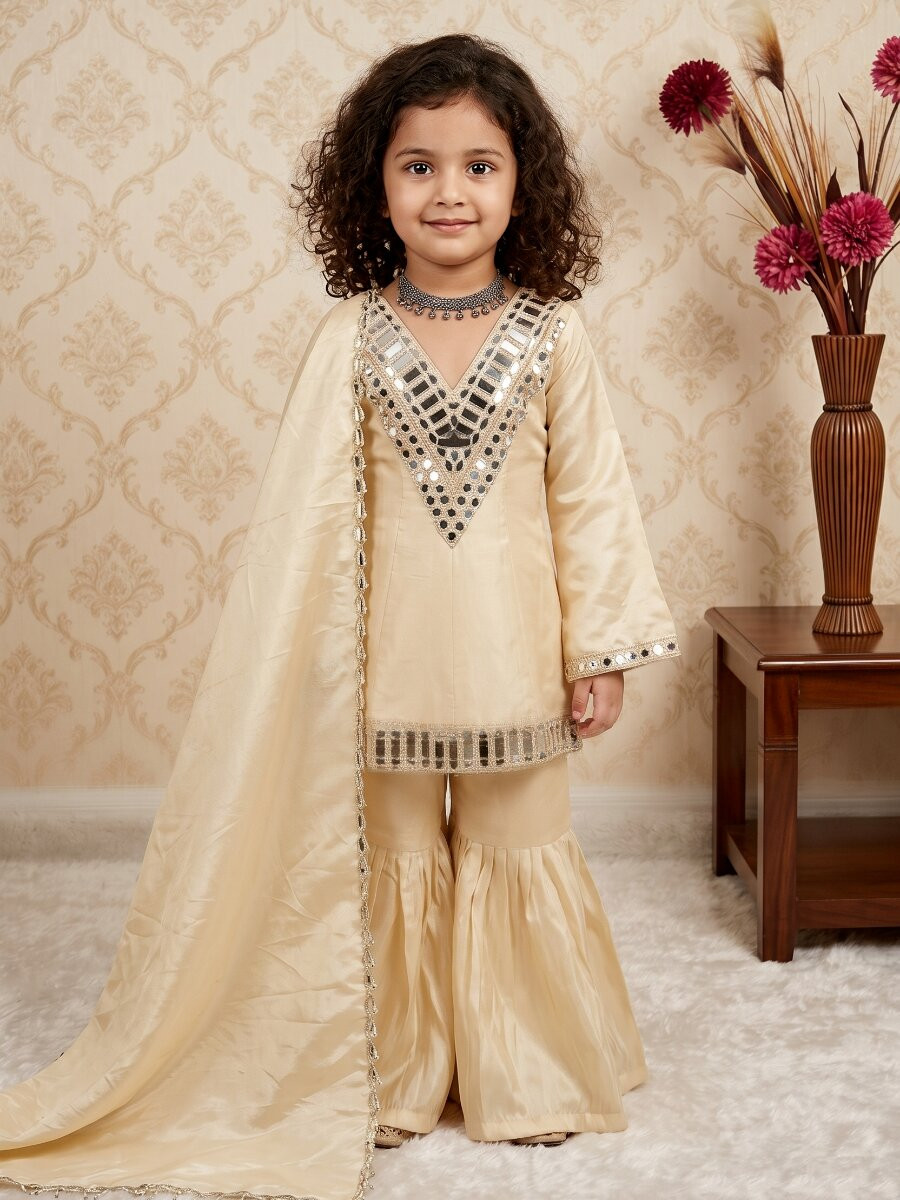 Cream Cosmos gold jari silk Embroidered Ethnic Casual Festival Party Wedding Kurta Sharara Girls Wear