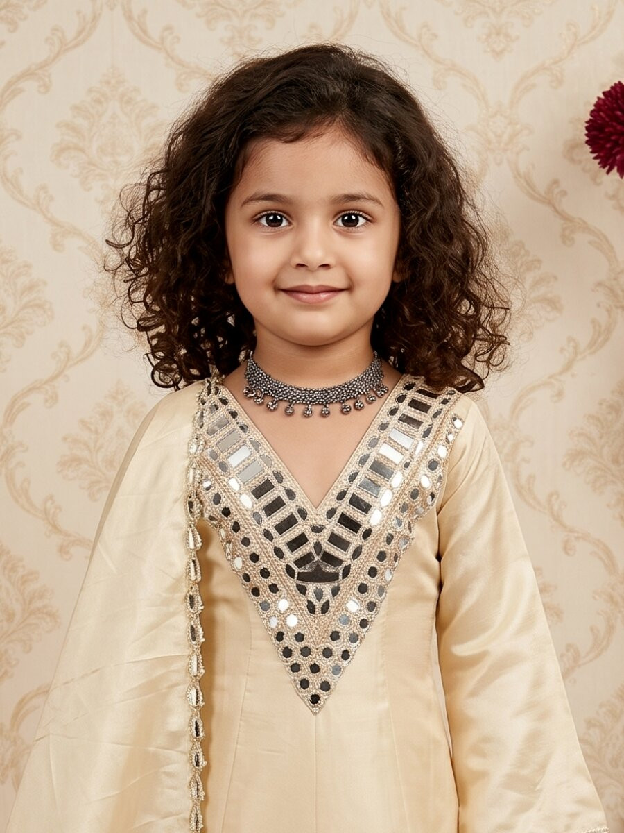 Cream Cosmos gold jari silk Embroidered Ethnic Casual Festival Party Wedding Kurta Sharara Girls Wear