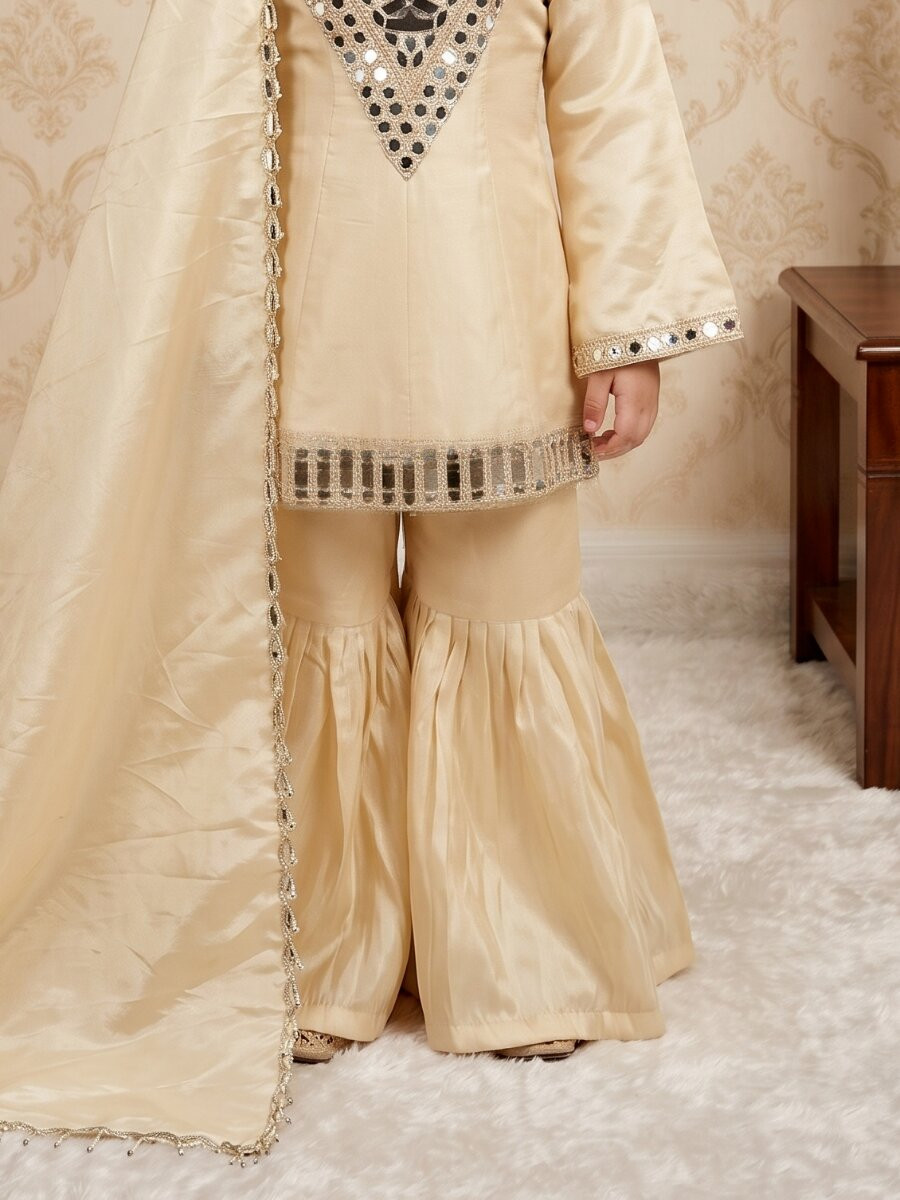 Cream Cosmos gold jari silk Embroidered Ethnic Casual Festival Party Wedding Kurta Sharara Girls Wear