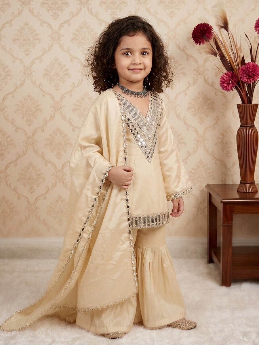 Cream Cosmos gold jari silk Embroidered Ethnic Casual Festival Party Wedding Kurta Sharara Girls Wear
