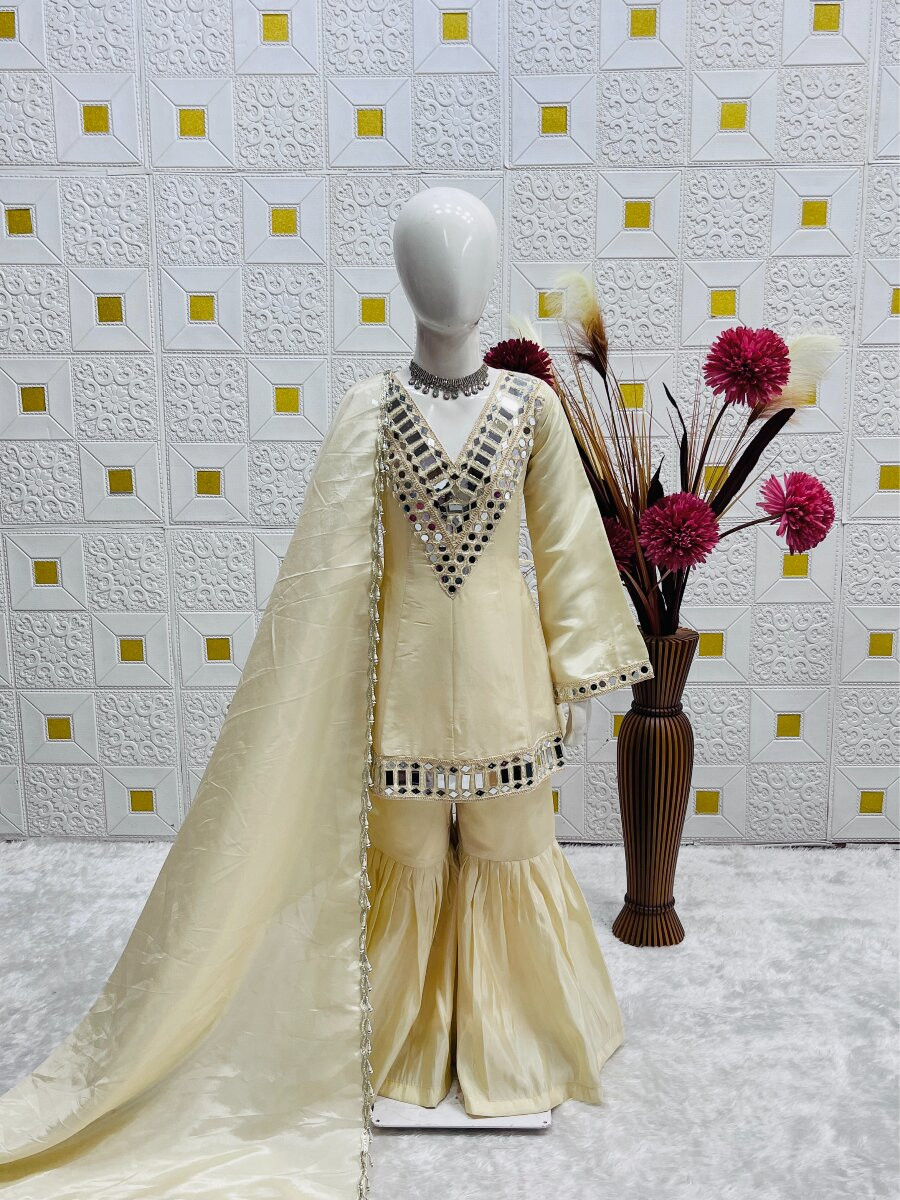 Cream Cosmos gold jari silk Embroidered Ethnic Casual Festival Party Wedding Kurta Sharara Girls Wear