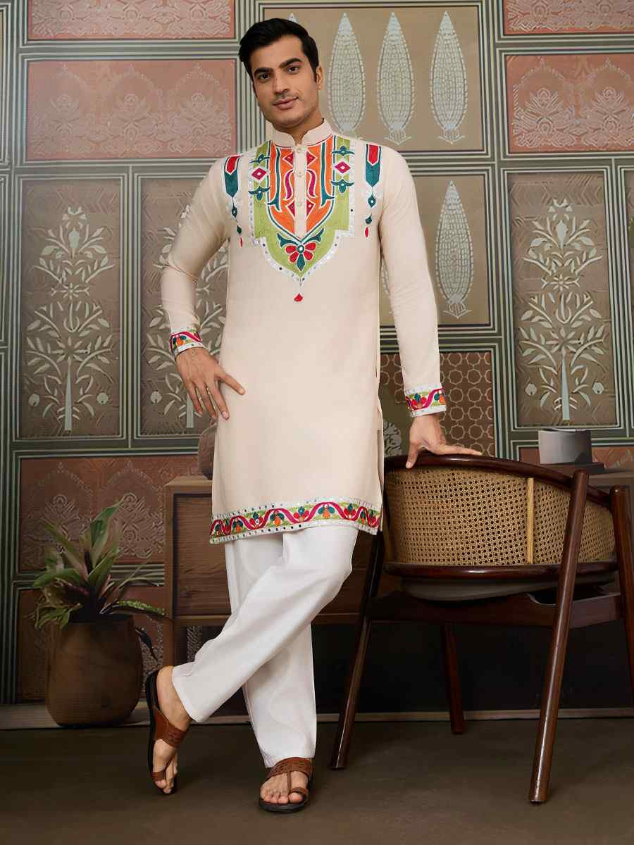 Cream Cotton Embroidery Festival Wedding Party Kurta