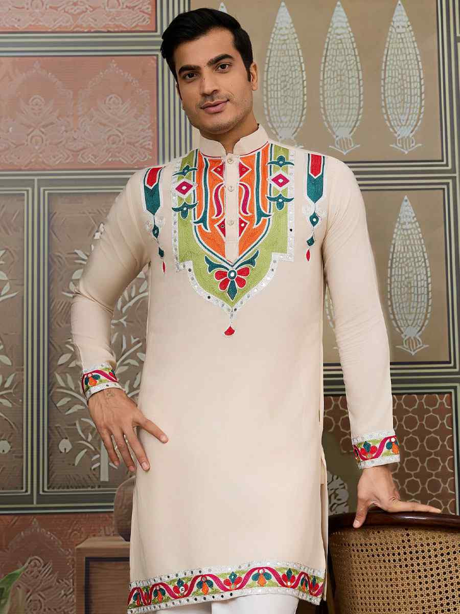 Cream Cotton Embroidery Festival Wedding Party Kurta