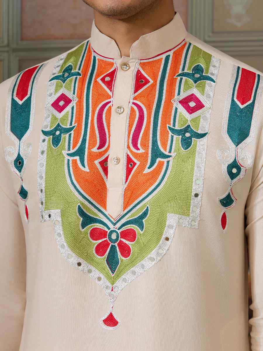 Cream Cotton Embroidery Festival Wedding Party Kurta
