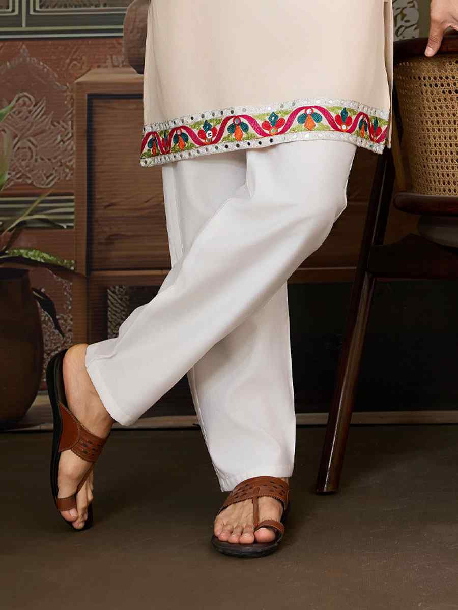 Cream Cotton Embroidery Festival Wedding Party Kurta