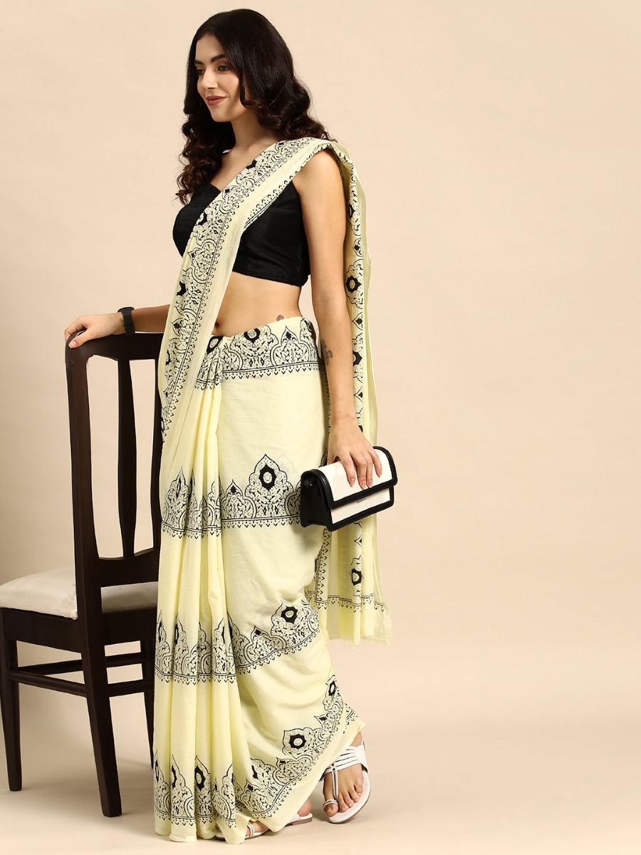 Cream Cotton Printed Festival Casual Contemporary Sarees