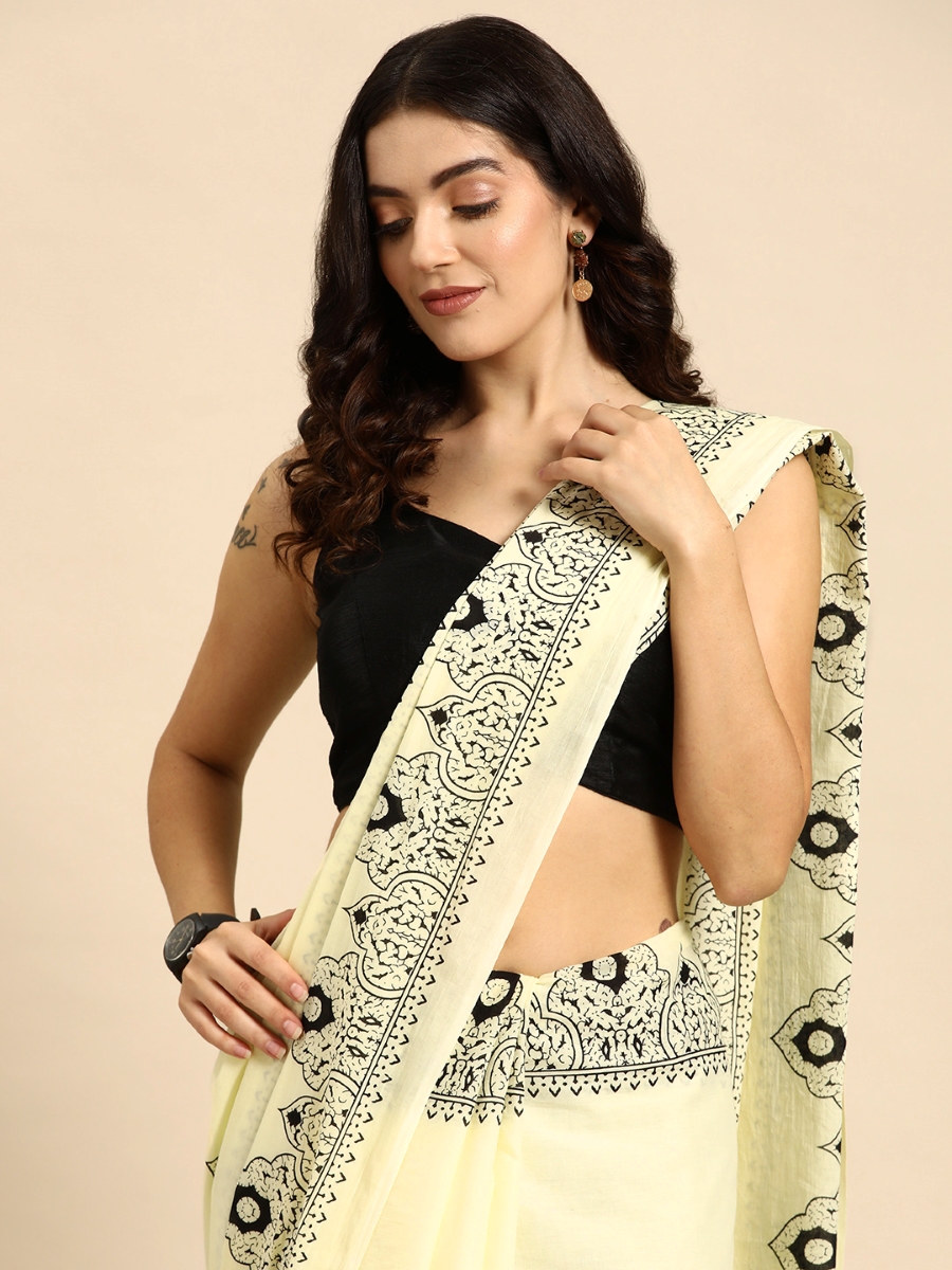 Cream Cotton Printed Festival Casual Contemporary Sarees