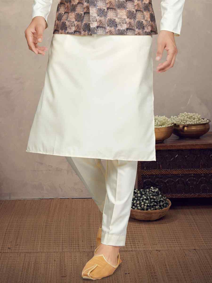 Cream Cotton Printed Festival Party Kurta