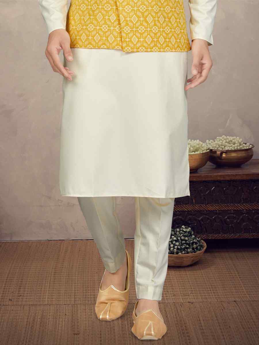 Cream Cotton Printed Festival Party Kurta