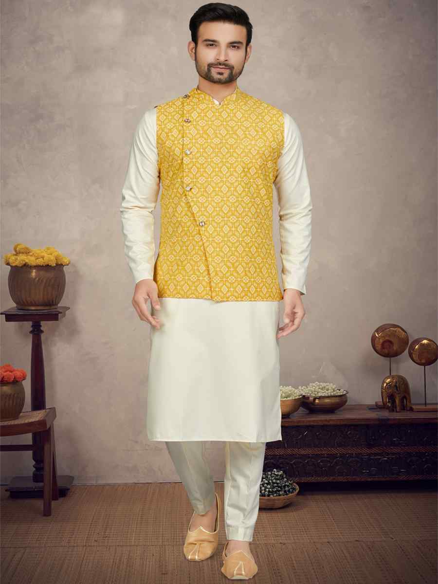 Cream Cotton Printed Festival Party Kurta