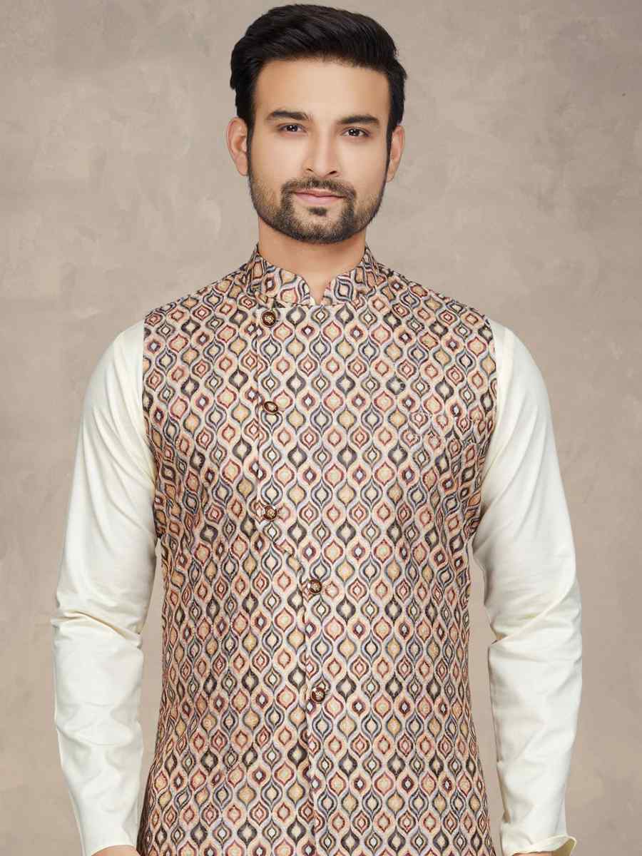 Cream Cotton Printed Festival Party Kurta