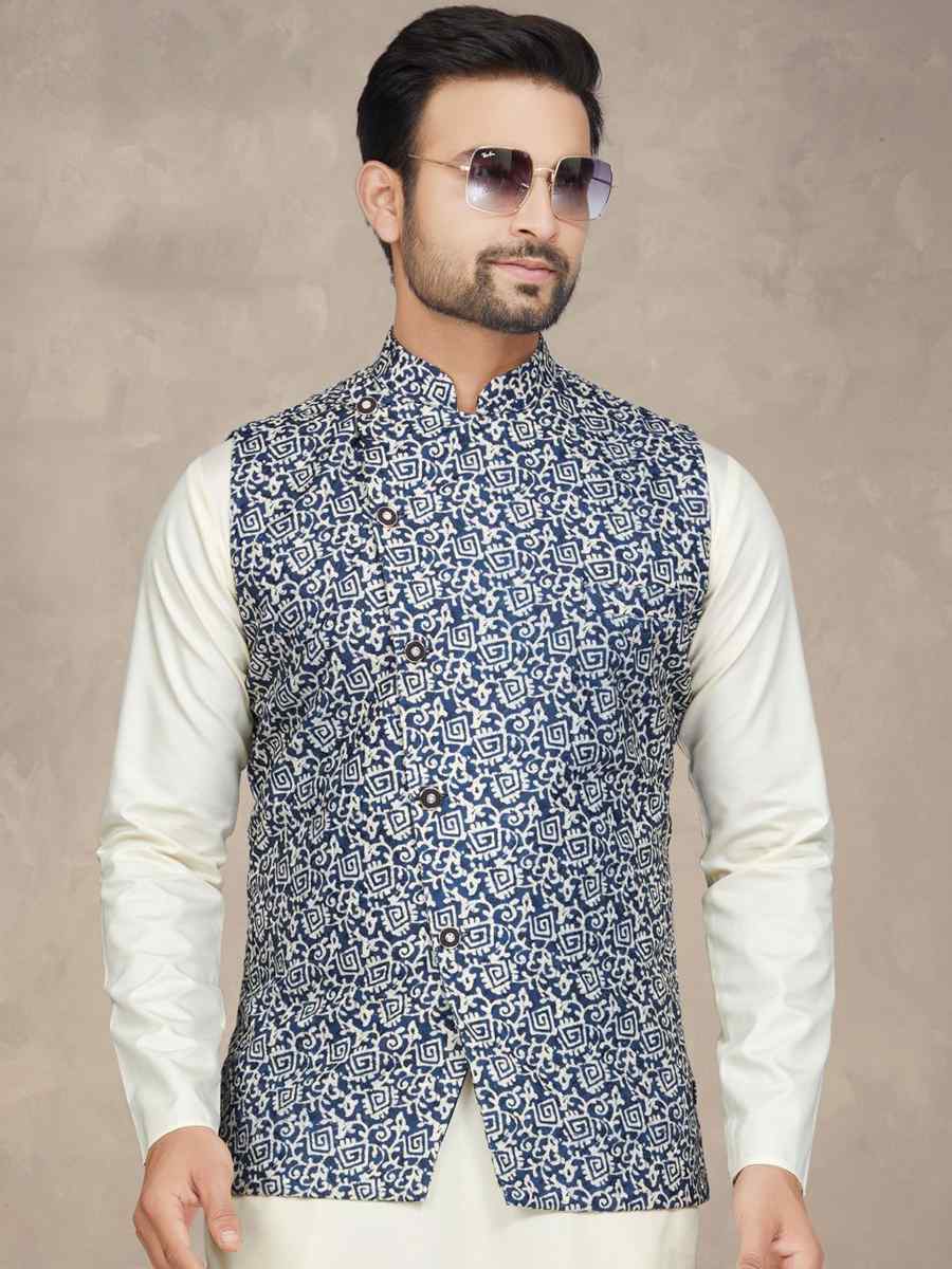 Cream Cotton Printed Festival Party Kurta