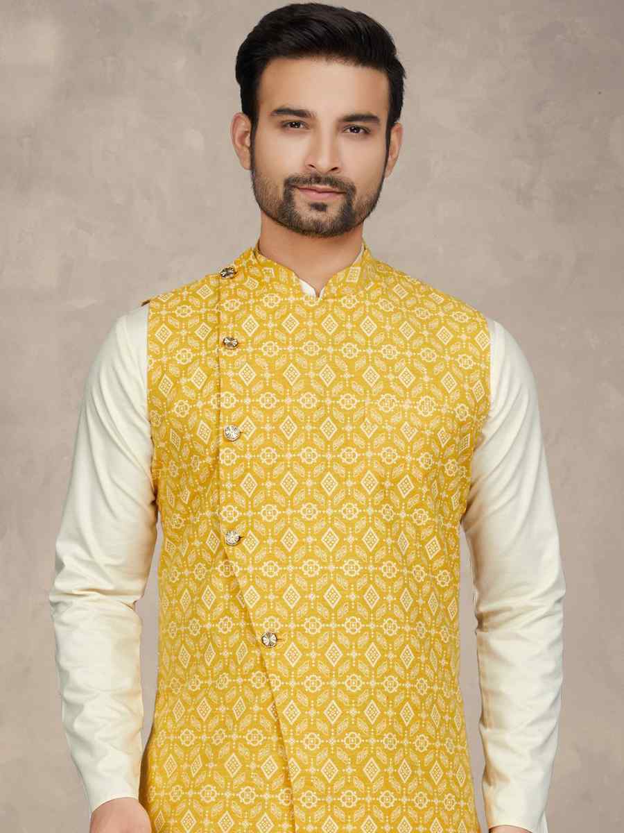 Cream Cotton Printed Festival Party Kurta