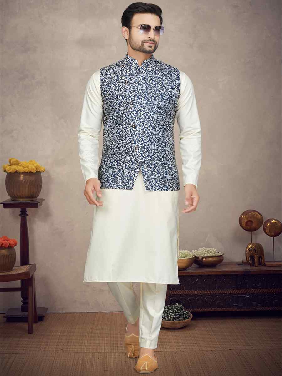 Cream Cotton Printed Festival Party Kurta