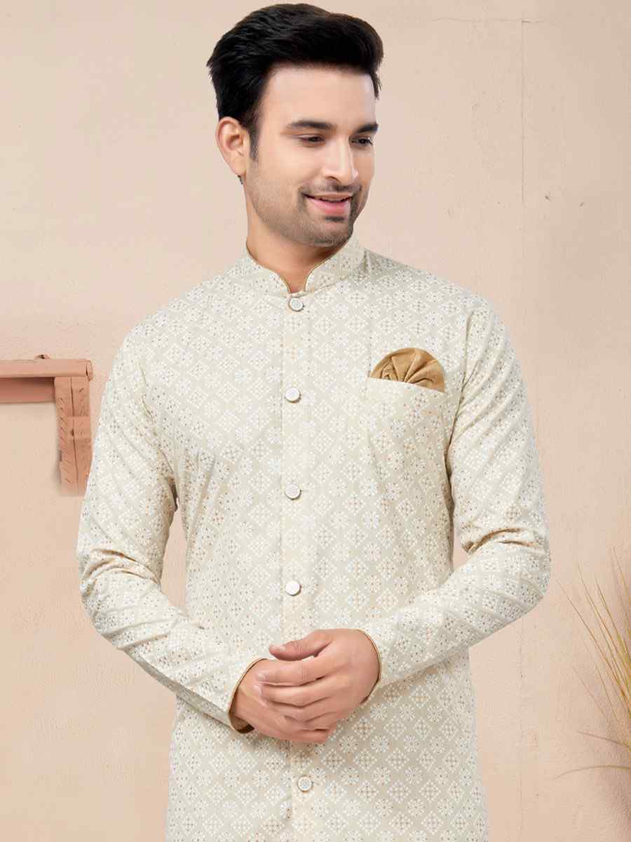 Cream Cotton Printed Wedding Festival Sherwani