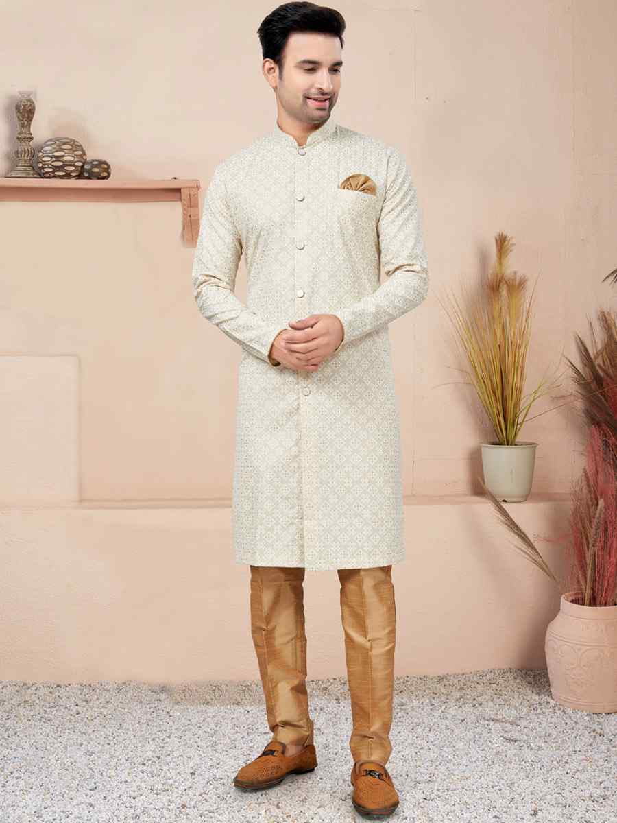 Cream Cotton Printed Wedding Festival Sherwani