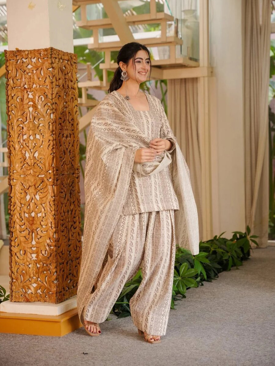 Cream Cotton Silk Printed Wedding Party Festival Casual Ready Palazzo Pant Salwar Kameez