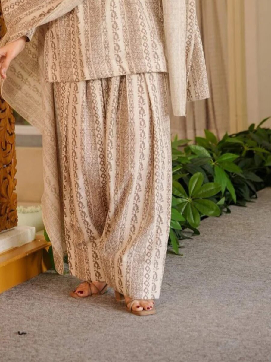 Cream Cotton Silk Printed Wedding Party Festival Casual Ready Palazzo Pant Salwar Kameez
