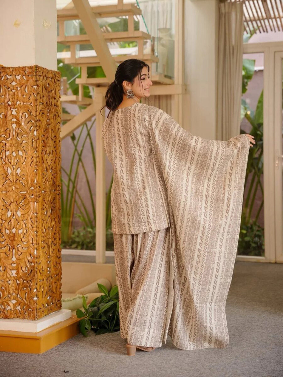 Cream Cotton Silk Printed Wedding Party Festival Casual Ready Palazzo Pant Salwar Kameez