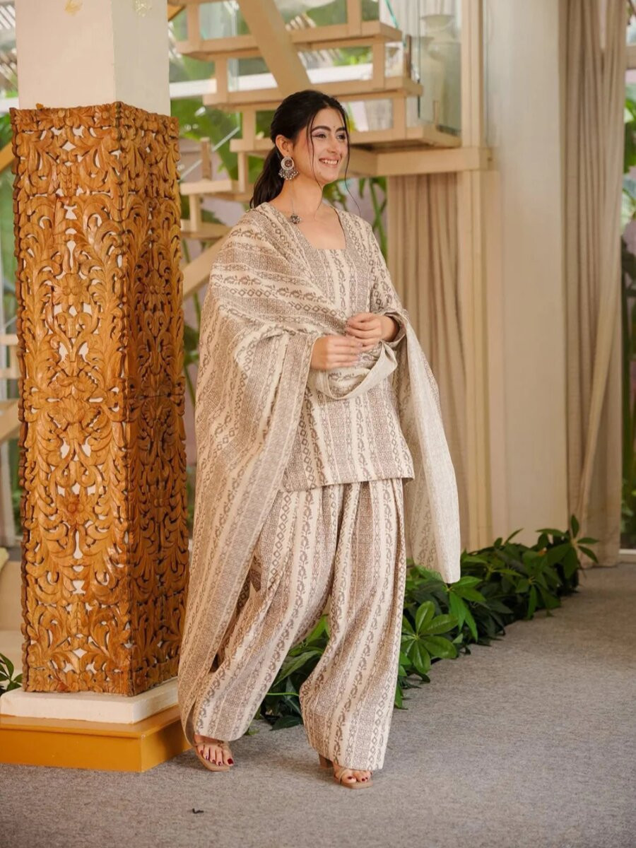 Cream Cotton Silk Printed Wedding Party Festival Casual Ready Palazzo Pant Salwar Kameez