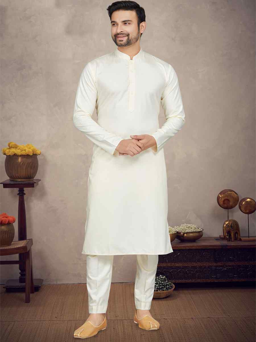 Cream Cotton Woven Festival Mehendi Kurta