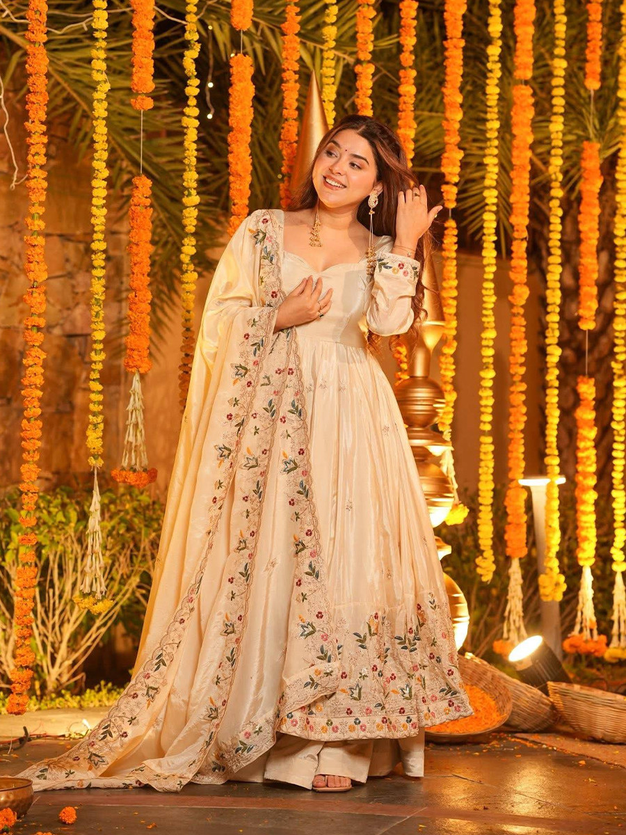 Cream Crepe Silk Embroidery Sequins Party Wedding Festival Casual Ready Anarkali Palazzo Pant Salwar Kameez