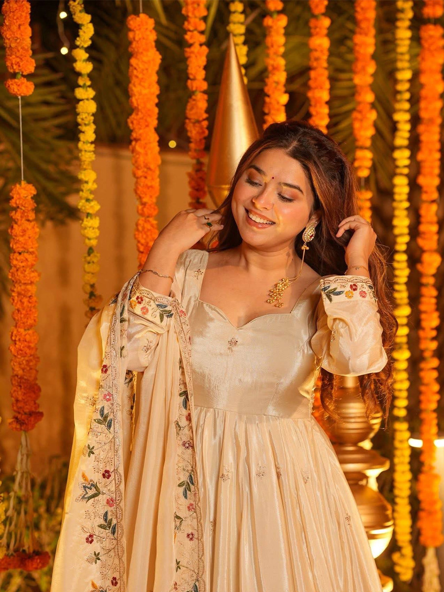 Cream Crepe Silk Embroidery Sequins Party Wedding Festival Casual Ready Anarkali Palazzo Pant Salwar Kameez