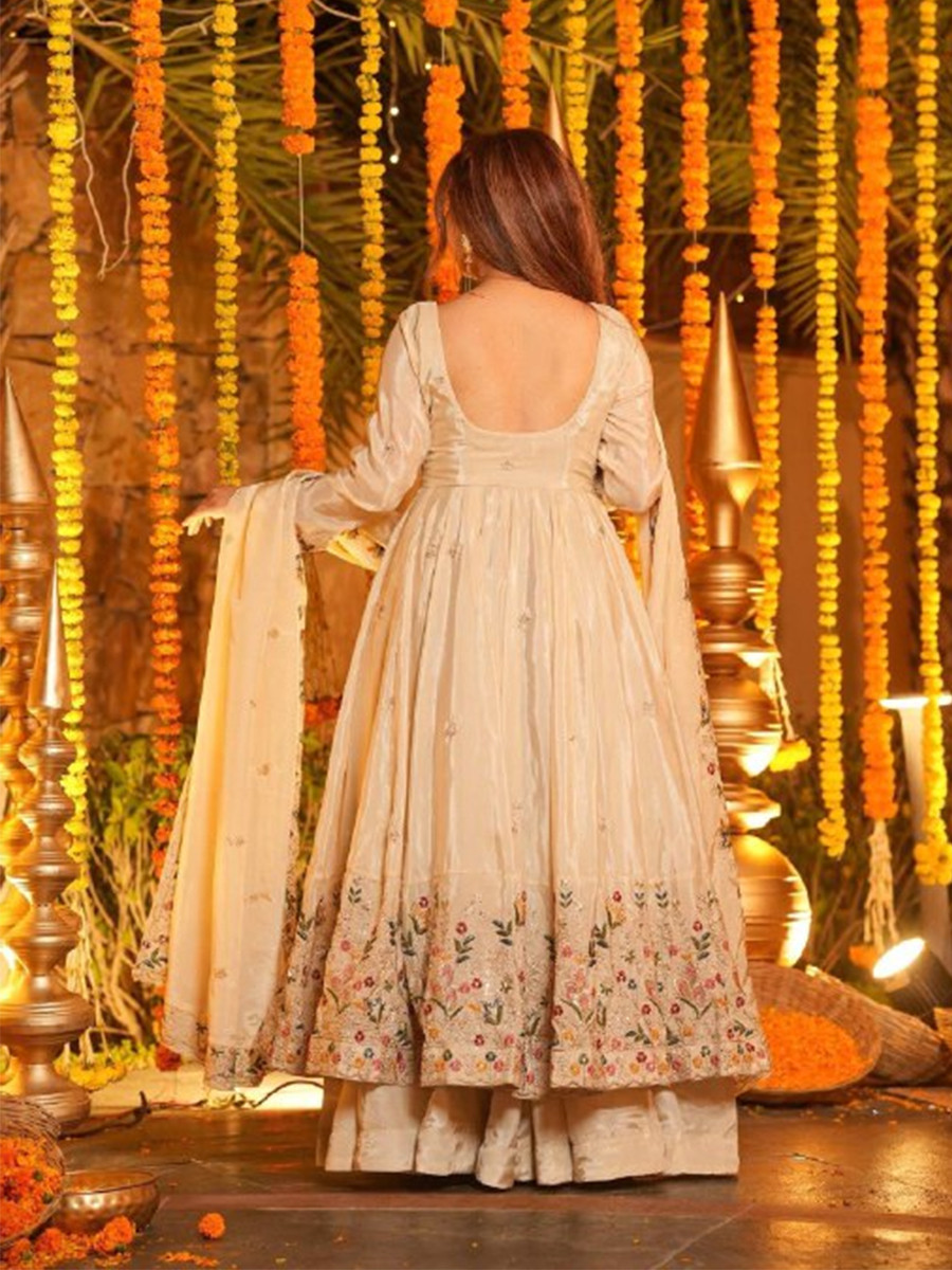 Cream Crepe Silk Embroidery Sequins Party Wedding Festival Casual Ready Anarkali Palazzo Pant Salwar Kameez