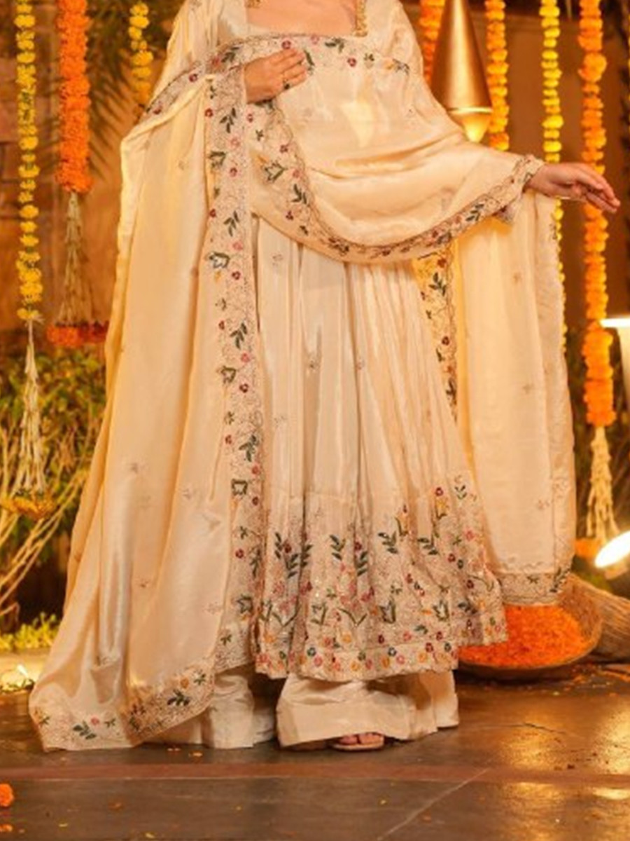 Cream Crepe Silk Embroidery Sequins Party Wedding Festival Casual Ready Anarkali Palazzo Pant Salwar Kameez