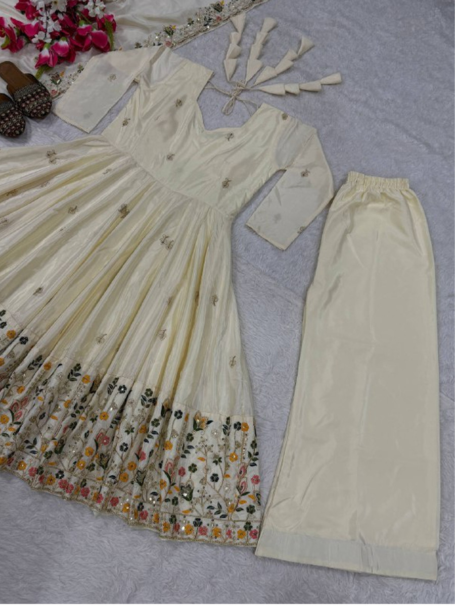 Cream Crepe Silk Embroidery Sequins Party Wedding Festival Casual Ready Anarkali Palazzo Pant Salwar Kameez