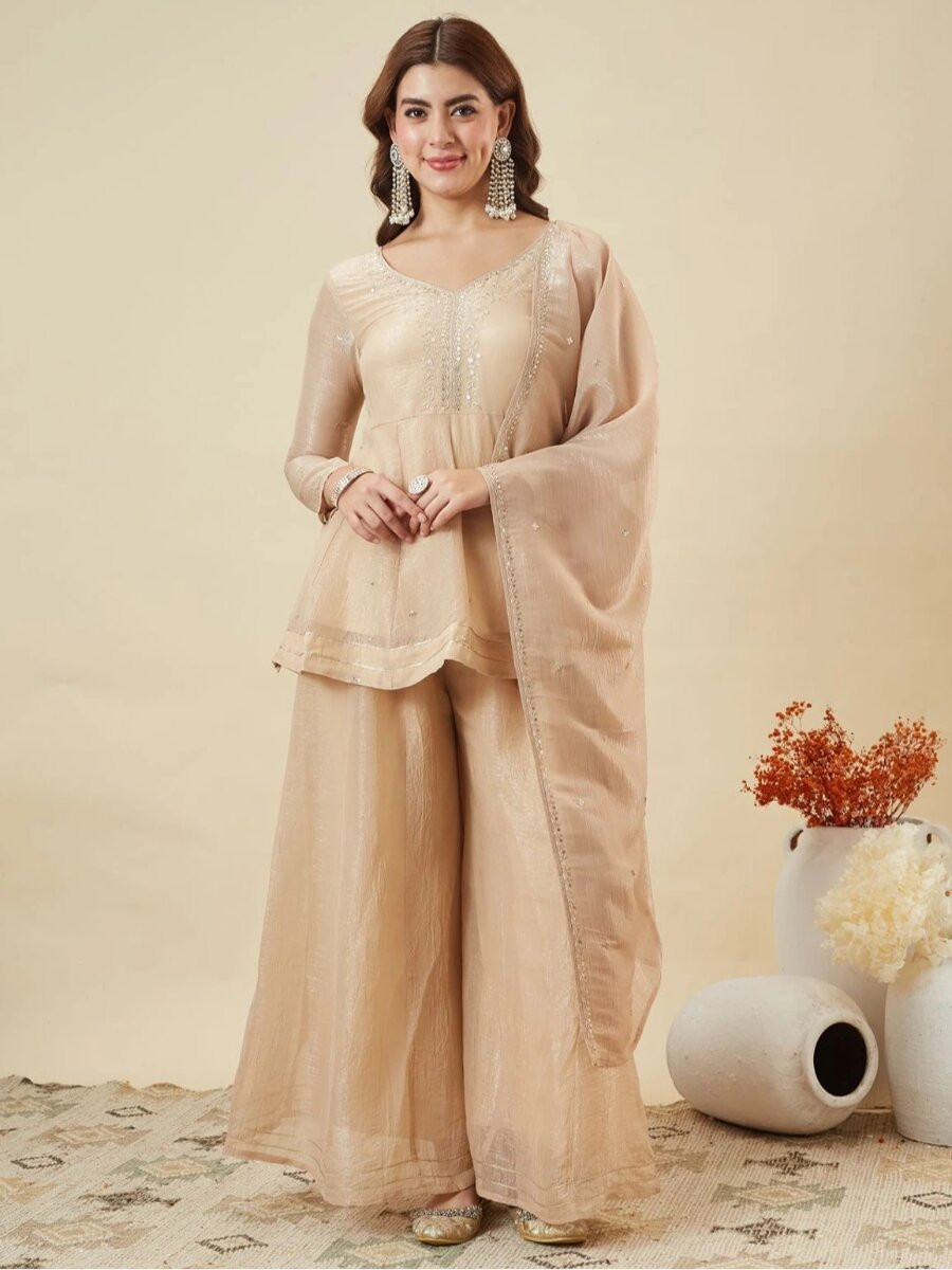 Cream Crunchy Silk Embroidery Sequins Wedding Party Festival Casual Ready Palazzo Pant Salwar Kameez