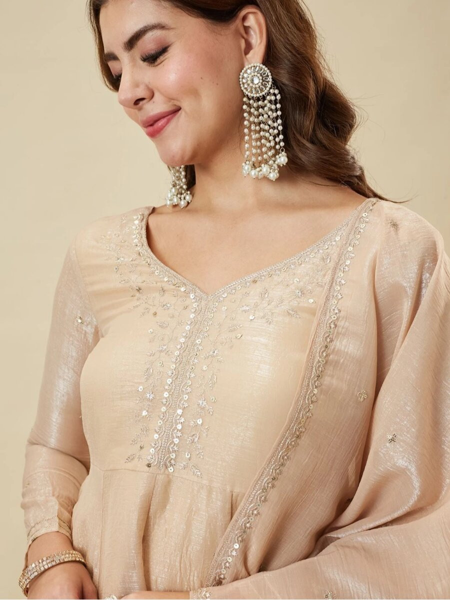 Cream Crunchy Silk Embroidery Sequins Wedding Party Festival Casual Ready Palazzo Pant Salwar Kameez