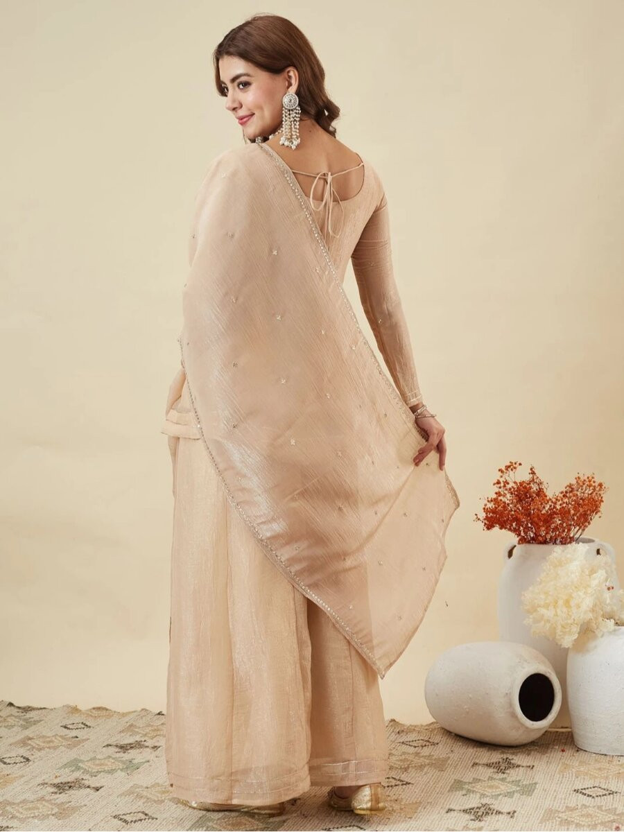 Cream Crunchy Silk Embroidery Sequins Wedding Party Festival Casual Ready Palazzo Pant Salwar Kameez
