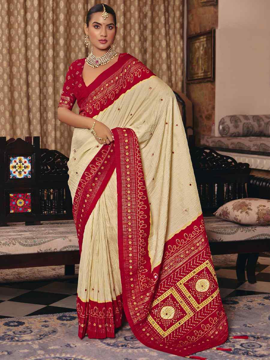 Cream Crush Silk Prined Bridal Reception Festival Wedding Fancy Heavy Border Saree