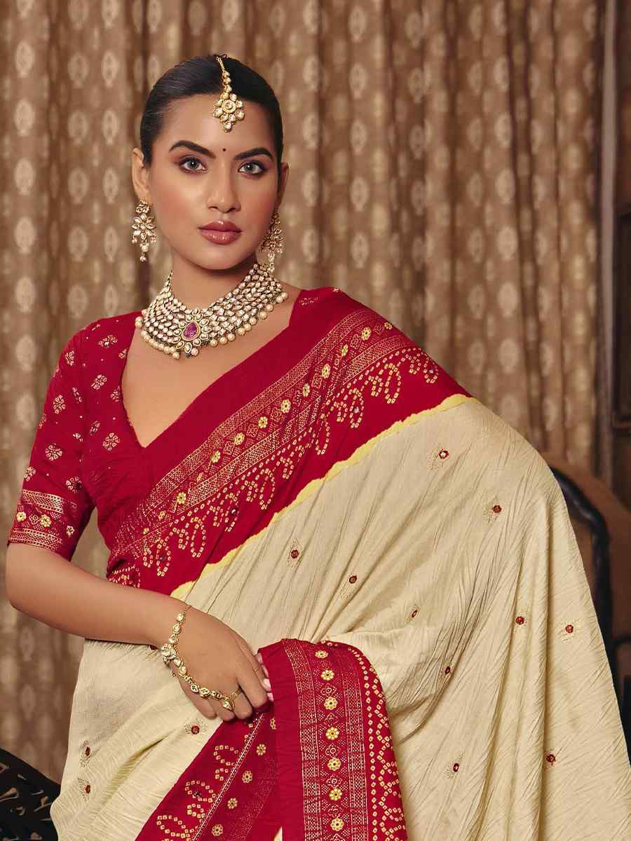 Cream Crush Silk Prined Bridal Reception Festival Wedding Fancy Heavy Border Saree
