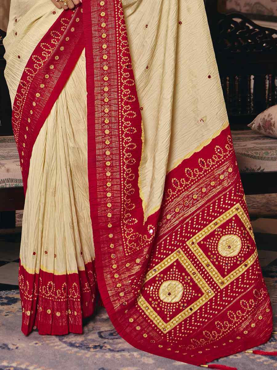 Cream Crush Silk Prined Bridal Reception Festival Wedding Fancy Heavy Border Saree