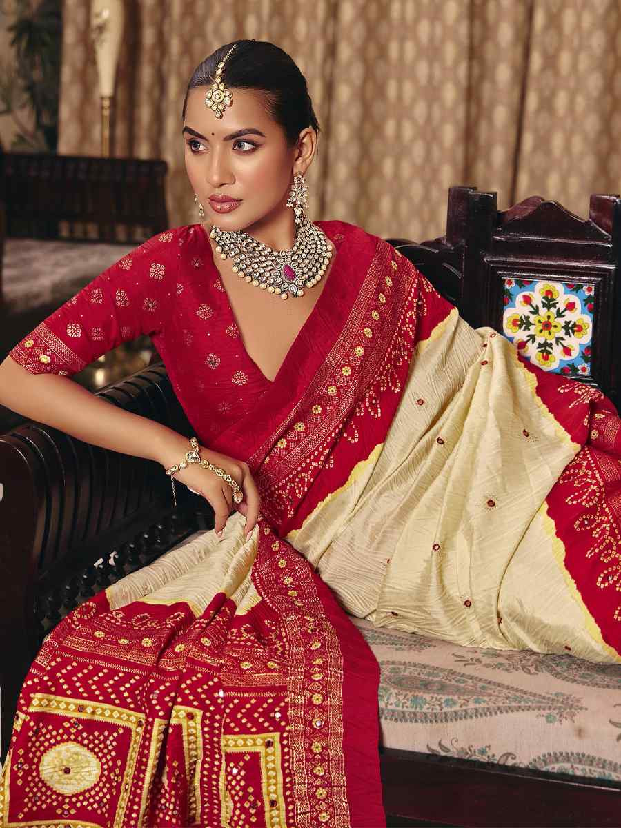 Cream Crush Silk Prined Bridal Reception Festival Wedding Fancy Heavy Border Saree