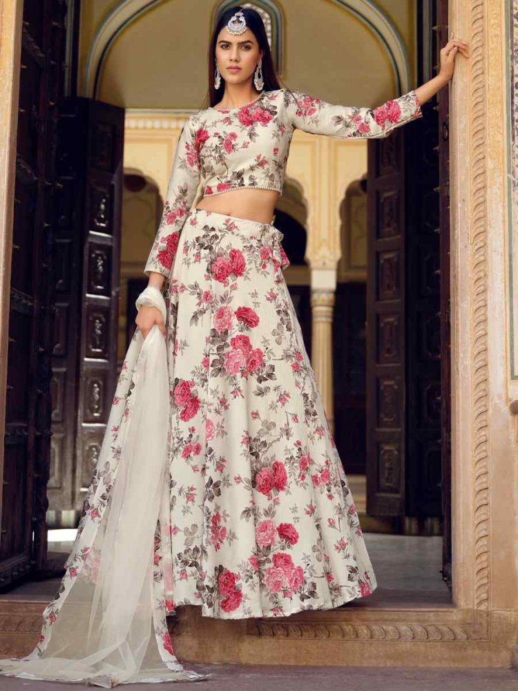 Cream Crushed Silk Embroidered Festival Ready Circular Lehenga Choli