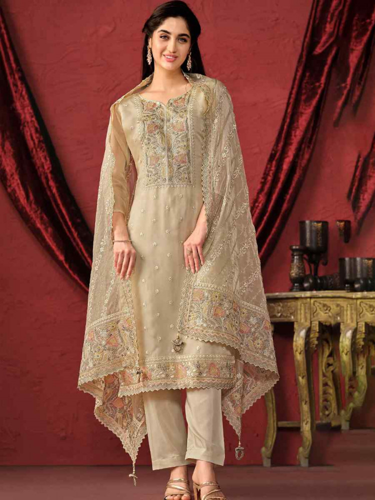 Cream Crystal Organza Embroidered Casual Festival Pant Salwar Kameez