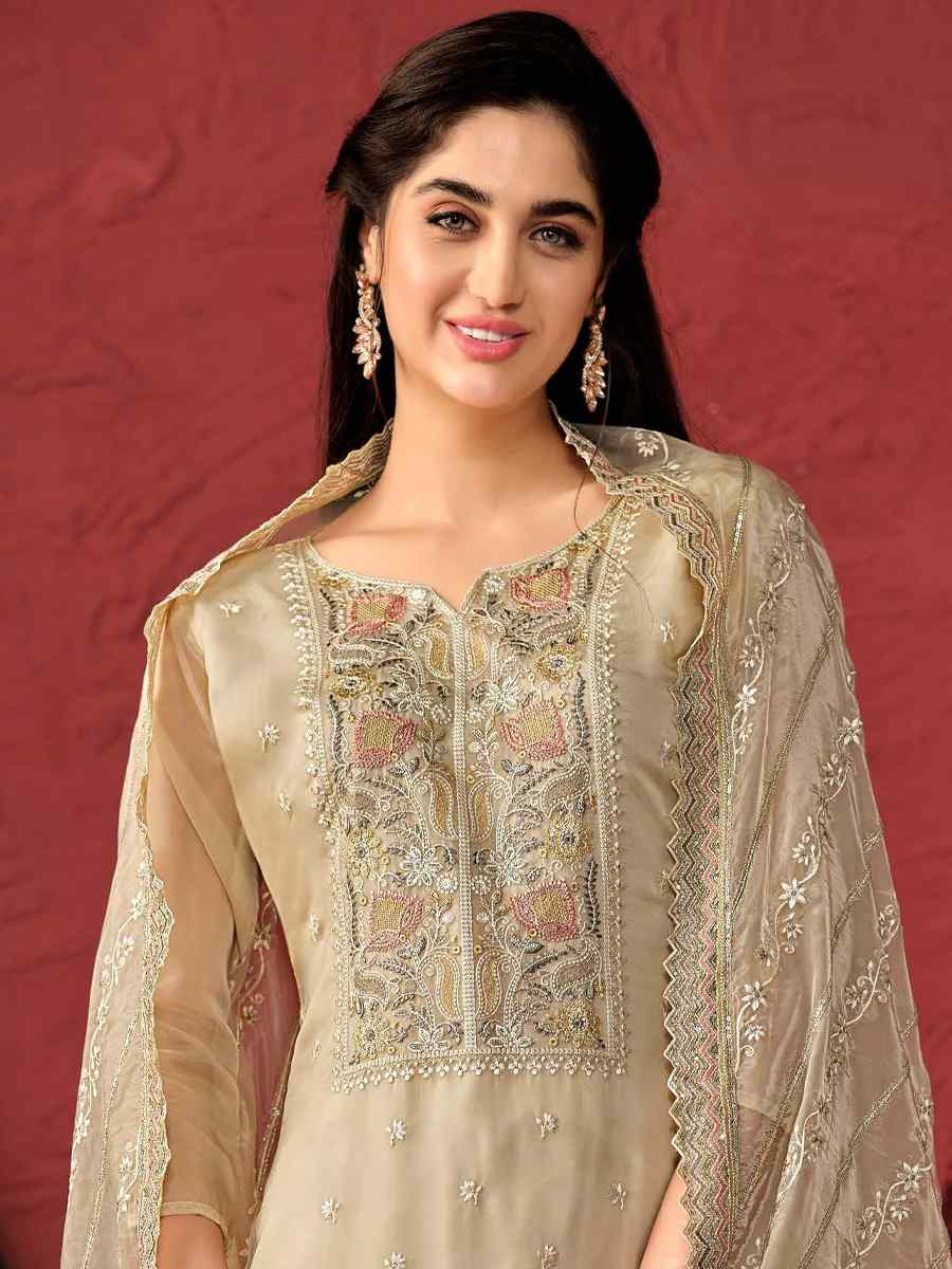 Cream Crystal Organza Embroidered Casual Festival Pant Salwar Kameez