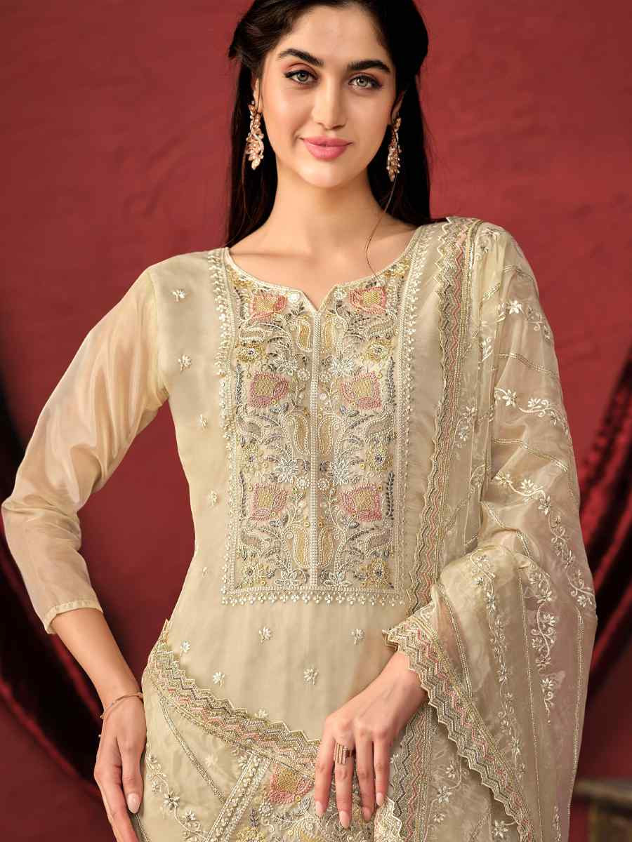 Cream Crystal Organza Embroidered Casual Festival Pant Salwar Kameez