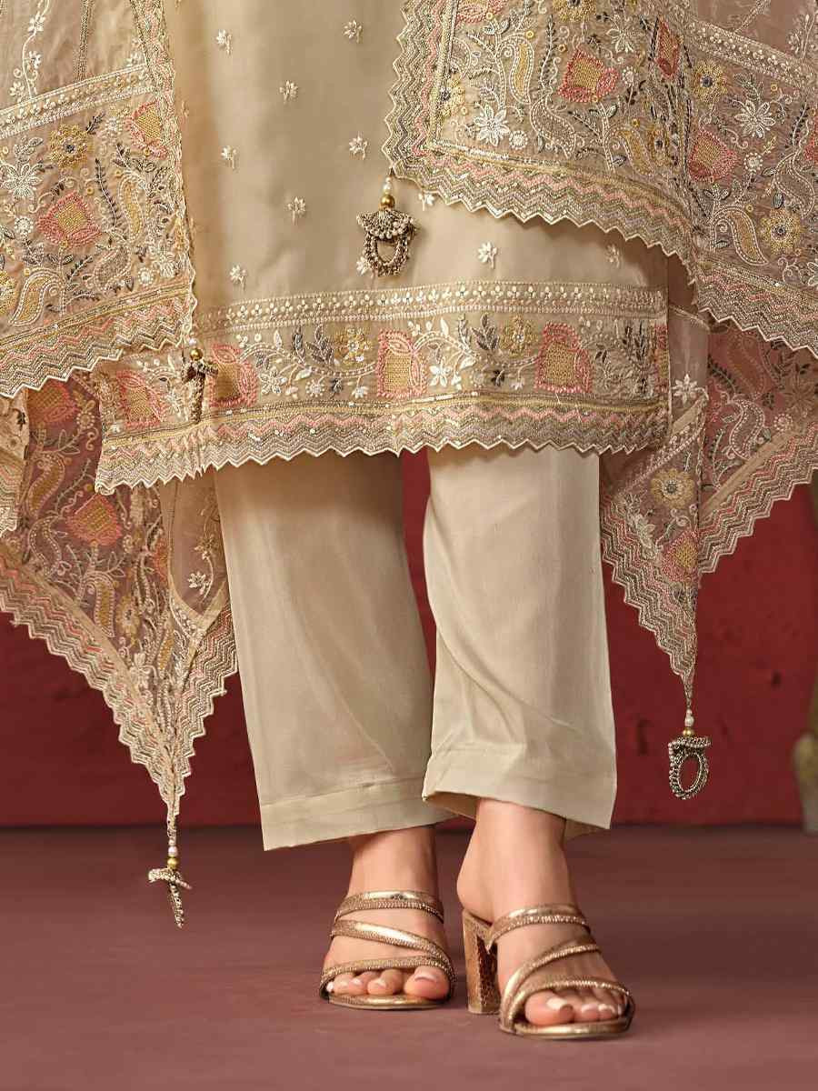 Cream Crystal Organza Embroidered Casual Festival Pant Salwar Kameez