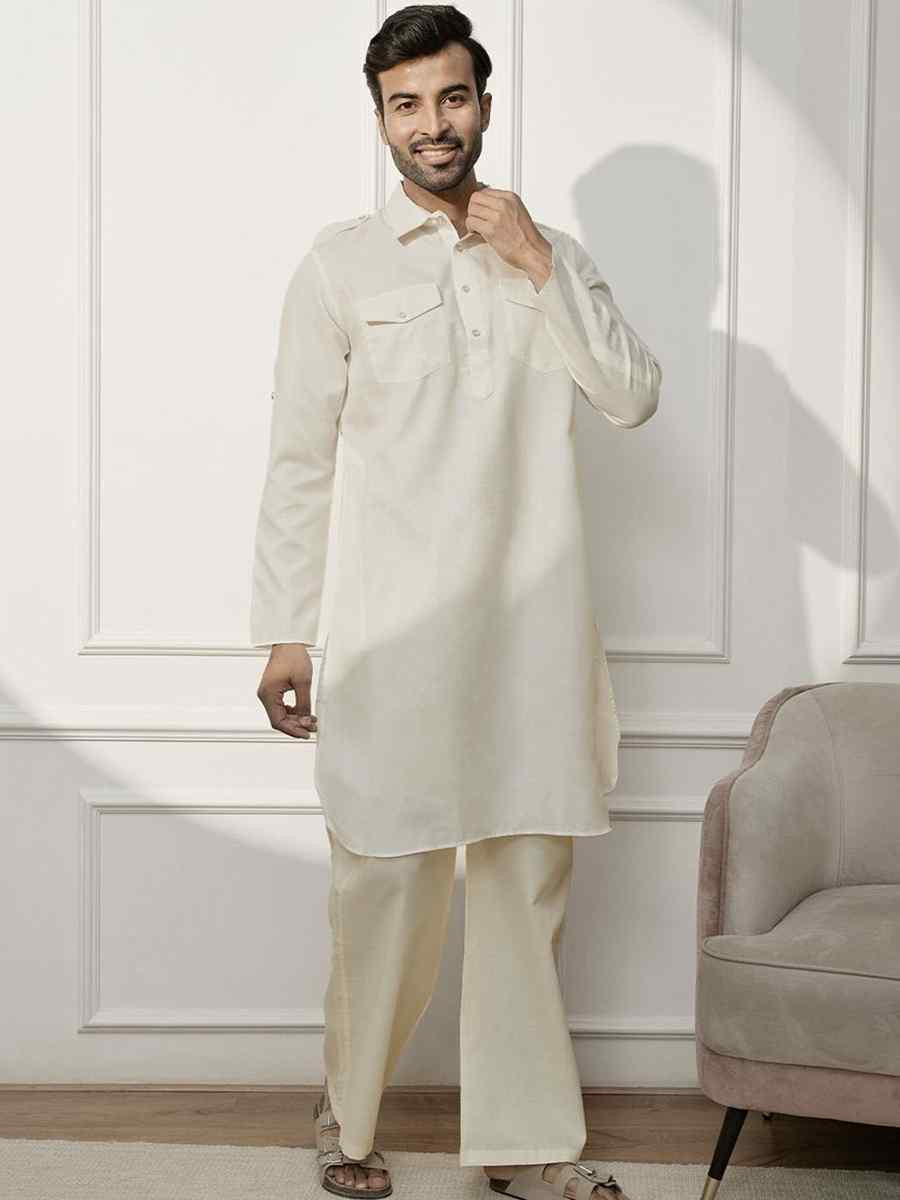 Cream Dhupion Art Silk Plain Party Wedding Kurta