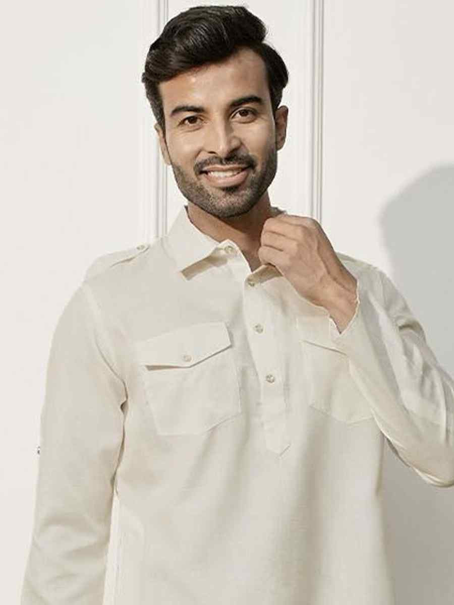 Cream Dhupion Art Silk Plain Party Wedding Kurta